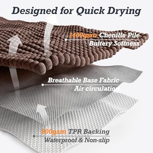 HUXMEYSON Bathroom Rugs Set 2 Piece, Ultra Absorbent Chenille Non Slip Bathroom Mat Set - 20'' x 24'' U-Shaped Contour Toilet Rug & 20'' x 32'' Extra Soft Plush Bath Mat - Machine Washable, Brown - color: Brown, size: 32" x 20" + U Shape 24" x 20"