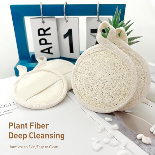 Natural Face Exfoliating Loofah Pad Scrubber - 4-Piece Facial Cleansing and Makeup Remover Set