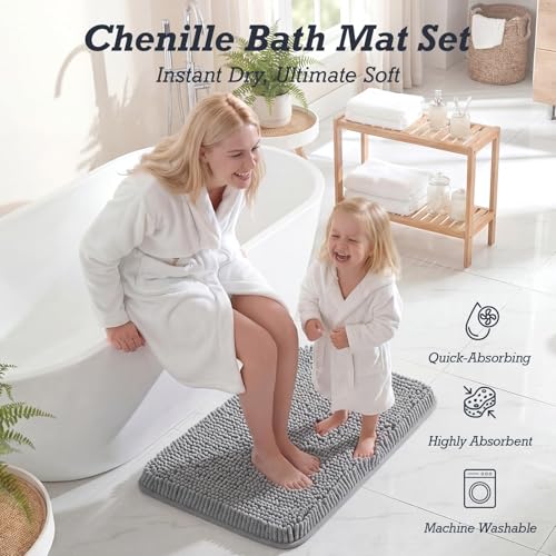 HUXMEYSON Bathroom Rugs Set 2 Piece, Ultra Absorbent Chenille Non Slip Bathroom Mat Set - 20'' x 24'' U-Shaped Contour Toilet Rug & 17'' x 24'' Extra Soft Plush Bath Mat - Machine Washable, Grey - color: Grey, size: 24" x 17" + U Shape 24" x 20"