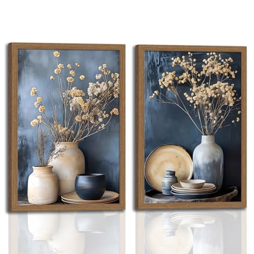 Framed dried radish flower wall art Vintage floral ceramic kitchen wall decorations Farmhouse Countryside Still Life on Neutral Canvas for Dining Room Bedroom Living Room Wall Decor 12x16in - color: Earthenware pot radish flowers, size: 12x16 inches