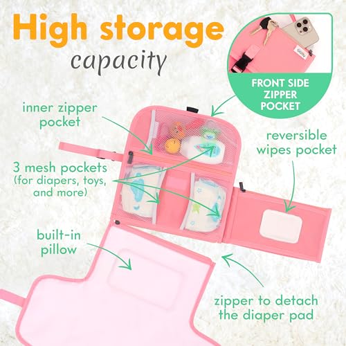 Kopi Baby Portable Diaper Changing Pad - Baby Diaper Changer Travel Bag with Wipes Pocket, Smart Design Portable Changing Mat, Infant Travel Station Kit, Gift for Newborn Girl & Boy - Pink, Premium - color: Pink, size: Premium