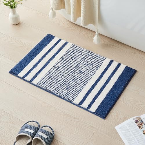 CozeCube Bath mats for Bathroom Non Slip, Fluffy Absorbent Microfiber Bath mat Washable, Aesthetic Bathroom Rugs, Cute Navy Blue Striped Bath mat, Navy Blue, 32" x 20" - color: Stirped-dark Blue, size: 2'8" x 1'8" (Rectangular)