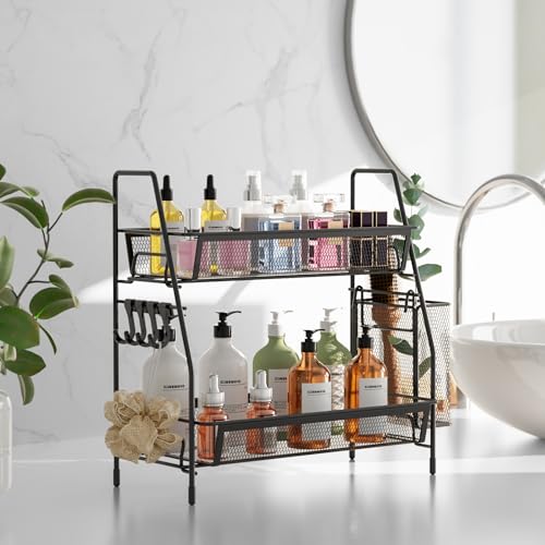 VITVITI 2-Tier Bathroom Organizer Countertop, Metal Wire Mesh Bathroom Counter Organizer Storage with Basket Hooks, Vanity Tray Shelf, Kitchen Spice Rack, Small Black - color: 2 Tier Small Black