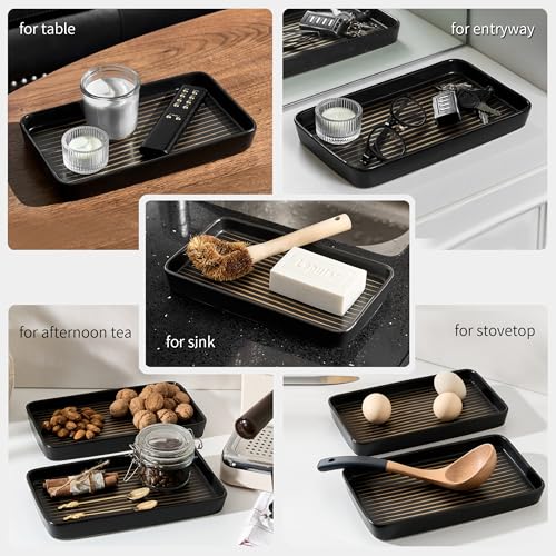 Bathroom Vanity Tray for Countertop,2PC Rectangle Striped Tray,Decorative Bathroom Organizer for Scrubber, Lotion Bottles, Perfume, Jewelry, Candle, Key Trinket Ring(Large,Black) - color: Black Color With Golden Stripes-2 Pcs Large