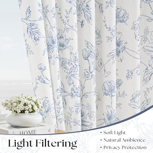 Navy Blue Linen Floral Pinch Pleated Curtains 36 Inches Long Neutral Farmhouse Light Filtering Lily Peony Flower Patterned Cafe Curtain French Country Short Drapes for Kitchen Bathroom RV Camper - color: Blue, size: 40"W x 36"L (Pack of 2)
