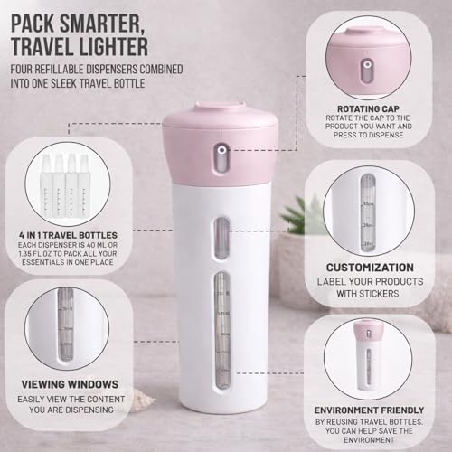 Travigo 4-in-1 Travel Dispenser Bottle, TSA Approved, Leak Proof, Four Reusable 1.4 oz. (40 mL) Toiletry Containers for Shampoo, Conditioner, Soap, Lotion, Skincare (Pink) - color: 1 Dispenser (Pink)