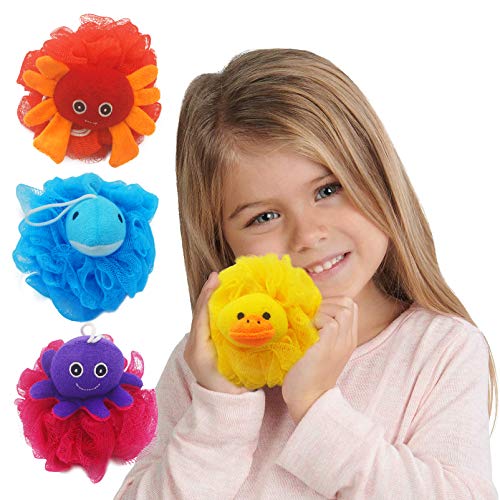 (4 Pack) Lovely Animal Design Kids Exfoliating Bath Scrubber Body Scrubber Shower Ball for Baby Toddler Kids Gentle Exfoliating Bath Sponge Loofah Pouf in Colorful Design - style: happy MARINE