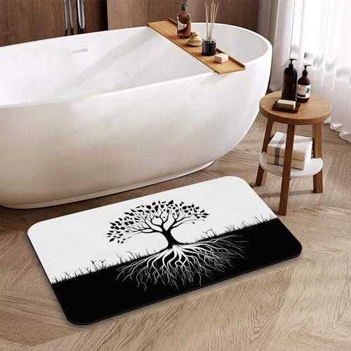 Black White Tree Bathroom Rug, Rapid Dry Absorbent with Non-Slip Rubber Base Bath Mats for Bathroom 17"x30" - color: Black White Tree