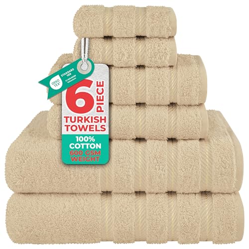 American Soft Linen 100% Cotton Luxury Turkish Towels, 6 Piece Towel Set | Soft Absorbent Quick Dry OEKO Tex Standard 100 Certificated Durable Machine Washable Breathable Premium Hotel Quality - color: Beige, size: 6PC (2BT + 2HT + 2WC)