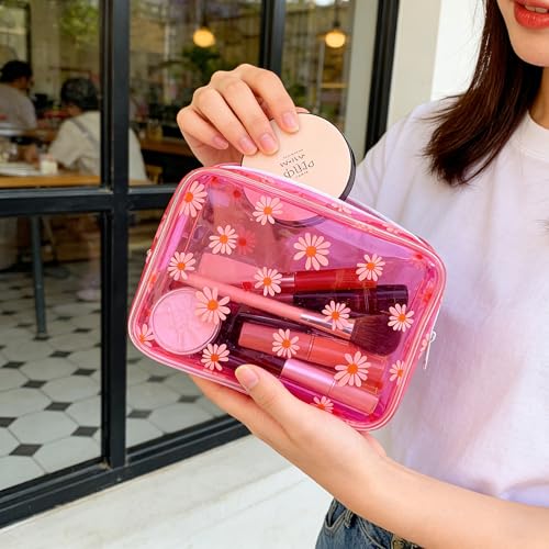 Neon TSA Approved Clear Toiletry Pouch, 7"x2.3"x4.7" Size, PVC Travel Makeup Bags for Toiletries, Transparent Cosmetic Bag for Women and Men Small (Daisy~6PCS) - color: Daisy-6PCS