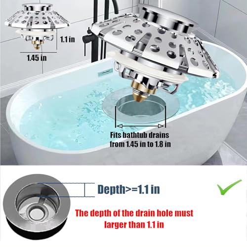 AzWzz Bathtub Drain Stopper, Pop Up Tub Stopper Plug with Bathtub Drain Hair Catcher Cover, Universal for 1.45 in to 1.8 in Tub Drain, Brushed Nickel - color: Brushed Nickel, style: Tub Drain Stopper with Hair Catcher