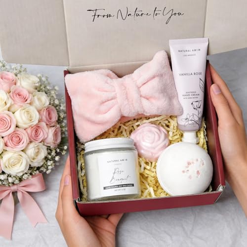 Natural Amor Relaxation Spa Gift Set for Women, 5 Piece Bath & Body Box with Candle, Hand Cream, Bath Bombs & Headband, Self Care Gift for Her