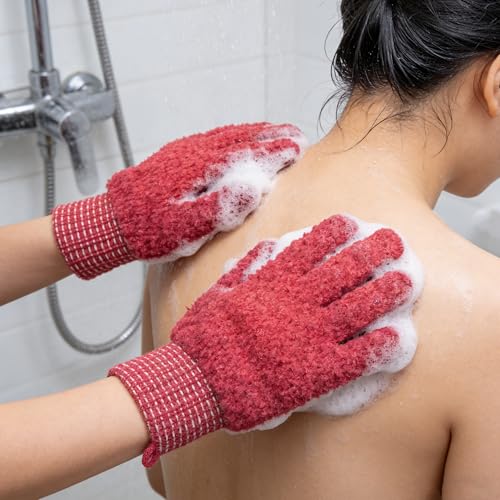 Exfoliating Bath Gloves 2 Pairs - Heavy Texture Body Scrub Gloves for Shower, Spa, Massage and Body Scrubs, Dead Skin Remover, Washing Gloves with Hanging Loop(Dark Pink) - color: Pink1