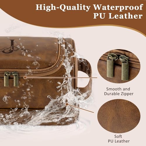 Personalized Toiletry Bag Fathers Day Birthday Gifts for Men Dad Husband, Custom Initial Waterproof PU Leather Toiletry Organizer Dopp Kit Shaving Bag Travel Essential for Him Light Brown J - color: Light Brown, style: J