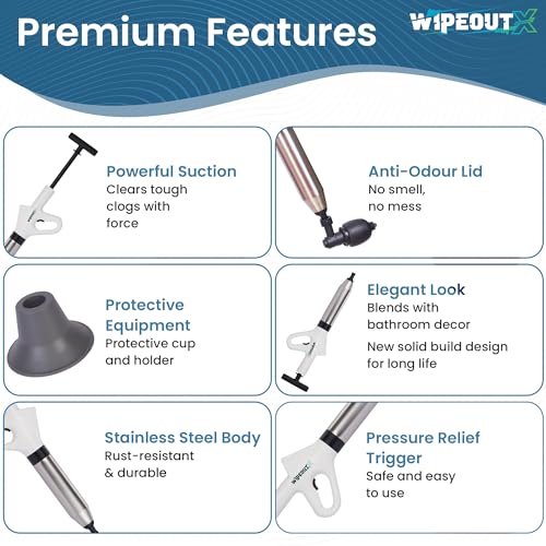 High-Pressure Toilet Plunger with Pressure Gauge, Manual Air Drain Blaster with 4 Attachments, 2 Hair Clog Removers and Reusable Gloves, Unclogs Toilet Shower Bathroom Drains