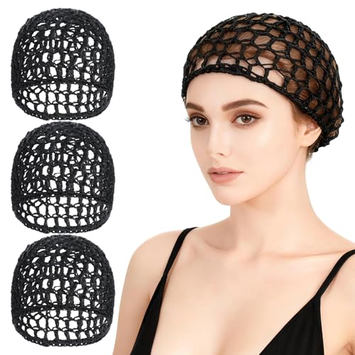 3 Pcs Crochet Hair Net Soft Mesh Hair Wrap Net Cap for Women Breathable Reusable Hairnet Cover Accessory (Black)