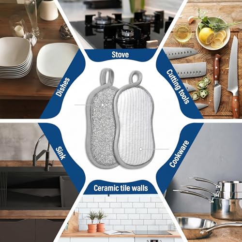 3-in-1 Kitchen Sink Drain Strainer and All-Purpose Scrub Sponges, Sink Stopper Pop-Up Drain Plug with Anti-Clogging Food Catcher Basket, Fits US Standard 3-1/2 Inch Sinks,Sponge Cleaning Dish - color: 2 Grey Strainer+4 Kitchen Sponges