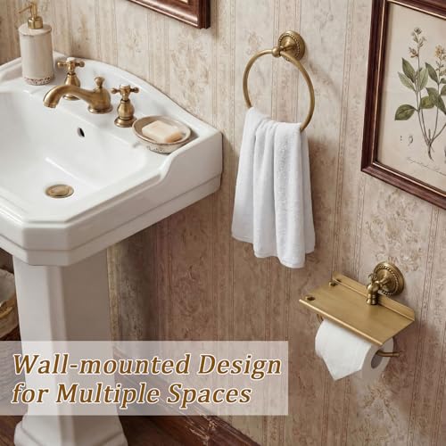 2 Pcs Antique Brass Braided Towel Ring and Toilet Paper Holder with Shelf, Wall Mounted Gold Tissue Roll Holder Hand Towel Ring Bathroom Hardware Accessories Set