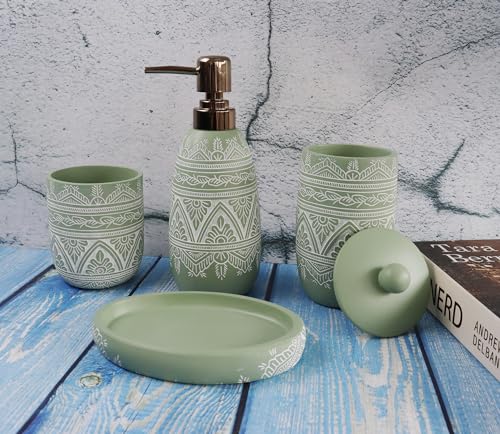 Hymmah Green Bathroom Accessories Set,Farmhouse Bathroom Decor,4 Pcs Resin Gift Set Apartment Necessities, Contain Cotton Swab Jar,Soap Dispenser,Tumbler，Soap Dish/Tray - color: Green