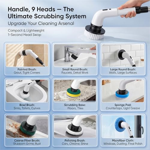 Electric Spin Scrubber, Cordless Power Scrubber for Bathroom/Shower/Tub/Tile & Grout, 9 Brush Heads, Dual-Speed, Adjustable Extension Handle, IPX7 Waterproof, USB-C Rechargeable Cleaning Tool (White)