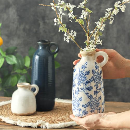Ceramic Vase Set of 3 with Handle, Vintage Rustic Vases Home Decor Farmhouse Decorative Vase Pottery Decor Modern for Table Mantel Entryway Bookshelf Living Room Kitchen Bedroom - Blue - color: 010 Vase Set - Vintage Blue