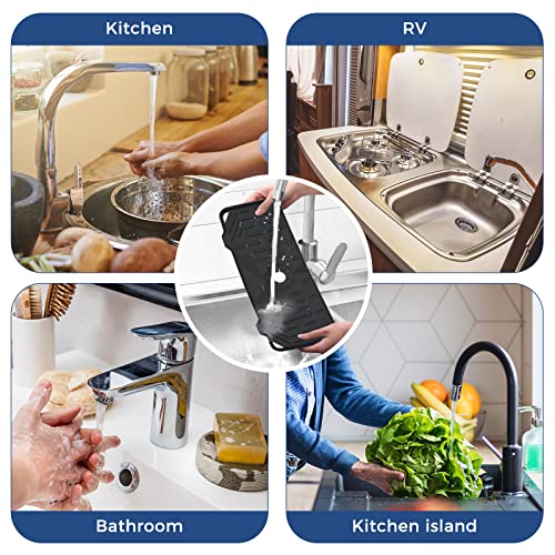 2 Pcs Silicone Faucet Handle Drip Catcher Tray Mat, 2 in 1 Dish Soap Sponge Holder for Kitchen Sink & Sink Splash Guard, Silicone Faucet Mat Drying Mat for Kitchen Sink Accessories, Counter, Bathroom - size: Black(2Pack): 14.25"x5.35"
