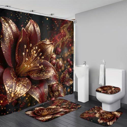 LQCOOL 4Pcs Black Red Lily Flower Shower Curtain Set, Waterproof Bathroom Sets, Abstract Burgundy Gold Bathroom Sets with Shower Curtain and Rugs, Shower Curtain with 12 Hooks - color: Black Red