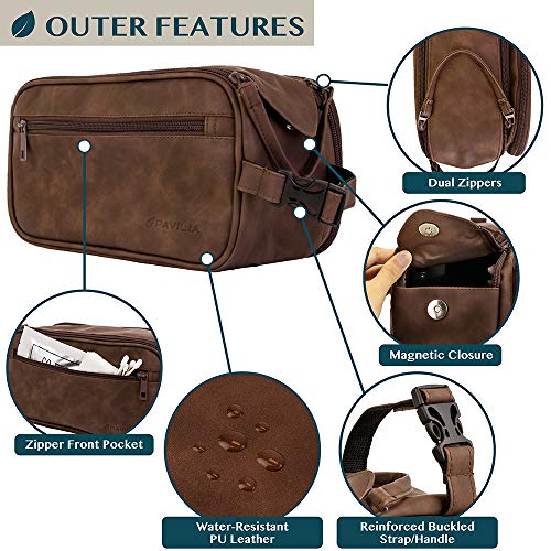 PAVILIA Toiletry Bag for Men, Travel Essentials Shaving Dopp Kit, Mens Travel Bag Toiletries Organizer Case for Grooming, PU Leather Water Resistant Cosmetic Bag Pouch (Dark Brown) - color: Dark Brown, size: Large (10.5x5.5x6)