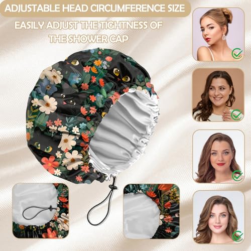 2 PCS Shower Cap Adjustable Reusable Double Waterproof Layer Elastic Hair Bath Cap Cute Aesthetic for Women Girls-Mushrooms Cat - color: I23-Mushroom Cat