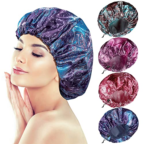 4 Packs Shower Caps, Extra Large Adjustable Double Layer Waterproof Hair Cap for Women, Waterproof Exterior & EVA Lining, Oversized Design for Long Thick Hair (Starlight Printing, X-Large) - color: Starlight Printing, size: X-Large