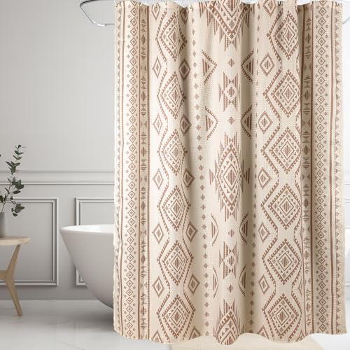 HunnmingRe Western Shower Curtain Waffle Southwest Aztec Geometric Stripes Fabric Shower Curtain Set with Hooks for Bathroom 72 x 72 Inches Farmhouse Boho Bath Curtains(Beige) - color: Beige