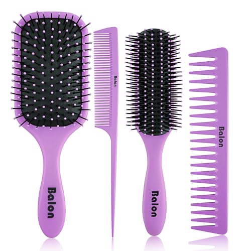 4Pcs Detangling Hair Brush Set for Women - Paddle Brush for Wet or Dry, No More Tangles for Straight, Long, Thick, Curly, and Natural Hair (Purple) - color: Purple