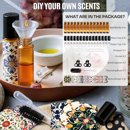 Roll On Bottles 14 Pack Glass Roller Bottles for Essential Oils 10ml Amber | Empty Rollerball Bottle Thick Glass with Oil Perfume Lip Gloss DIY Kits Boho Stickers, Leak-Proof Refillable for Travel Gift - color: Amber, size: 14 Pack