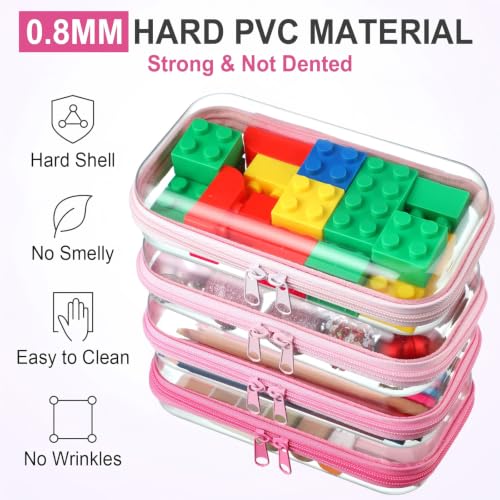 Hoolerry 4 Pcs Hard Clear Zipper Case Makeup Bags Plastic Zipper Pouch Transparent Storage Box Containers for Cosmetics, Snacks, Building Blocks, Puzzles(Clear,7.5 x 3.9 x 2 in,Pink) - color: Pink, size: 7.5 x 3.9 x 2 in