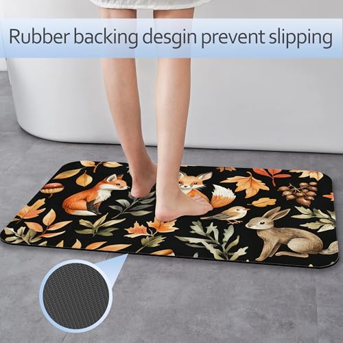 Retro Fox Bathroom Rug 29.5"x17",Leaves Quick-Drying Super Absorbent Diatomite Bath Mat with Non-Slip Backing, Thin Washable Bathroom Floor Mat Fits Under Door for Shower, Sink, or Tub - color: Retro Fox Leaves