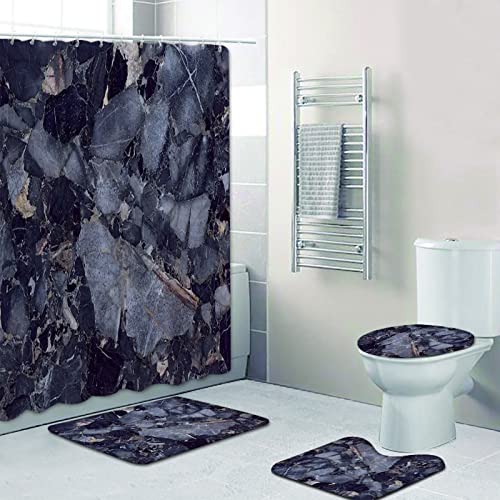 Blue Marble Shower Curtain with Bath Rugs Sets, 4 Pcs Marble Patterns Bathroom Décor with Toilet Seat Cover, Non-Slip Mats, Absorbent Pedestal Pads and Waterproof Shower Curtains + Hooks (Blue) - color: Blue