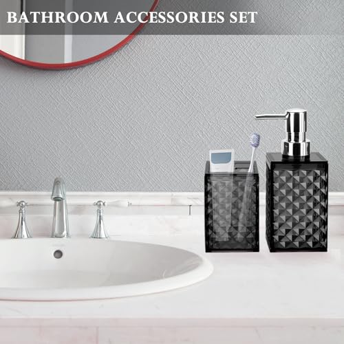 Bathroom Accessories Set 2 PCS, Black Bathroom Accessories Include Soap Dispenser and Toothbrush Holder, Diamond Pattern Bathroom Set for Boho Bathroom Decor - color: Black