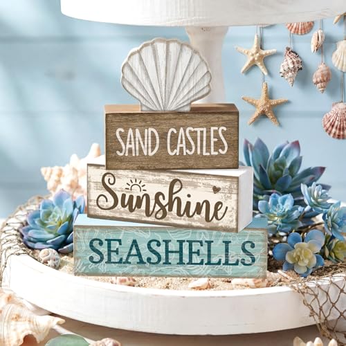 Yuntau 4 Pcs Summer Decorations for Home Beach Shells Wooden Tabletop Decor Summer Tiered Tray Decor Rustic Sand Castles Sunshine Seashells Block Sign Centerpiece Farmhouse Table for Shelf Office - style: Shells