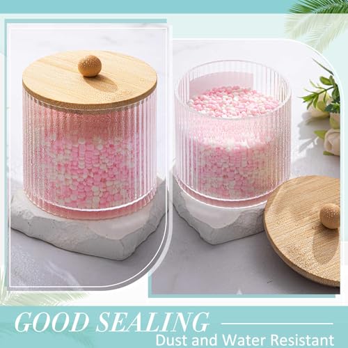 Yaomiao 6 Pcs Ribbed Bathroom Canisters Apothecary Jars with Wood Color Bamboo Lids and Label Stickers, 18 oz Plastic Canister with Fluted Design for Cotton Ball, Swab, Floss Picks House Storage - color: Wood Color