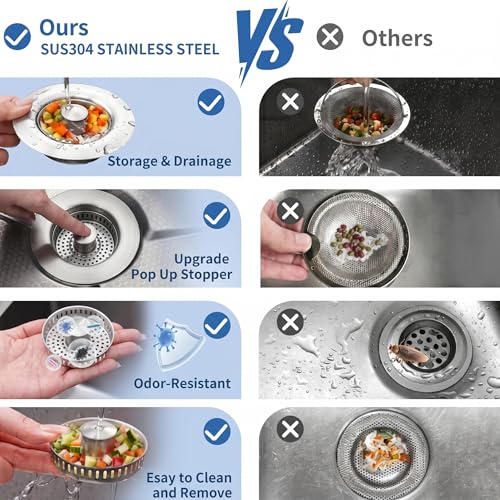 3 in 1 Kitchen Sink Drain Strainer & Pop Up Sink Stopper 2 Pack, Sink Strainer Anti-Clogging Kitchen Sink Basket, Odor-Free Water Catcher, Universal 3-1/2" Fit for US Standard Kitchens - color: Gunmetal Grey