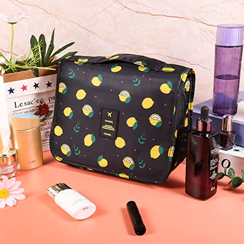 Pengxiaomei Hanging Toiletry Bag, Black Waterproof Cosmetic Bag Portable Lemon Makeup Pouch Travel Wash Bag with Handle for Woman Teen Girls Birthday Gifts - color: Black