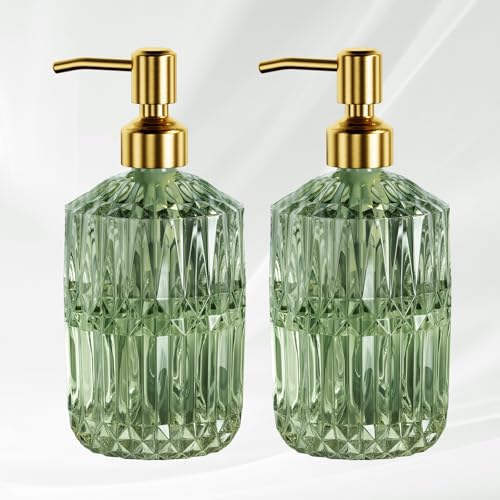 AmazerBath Soap Dispenser, 2 Pack Green Glass Soap Dispenser with Pump Stainless Steel, 14.2OZ Luxury Gold Hand Soap Bottles Bathroom Kitchen - color: Green & Gold - 2 Pack