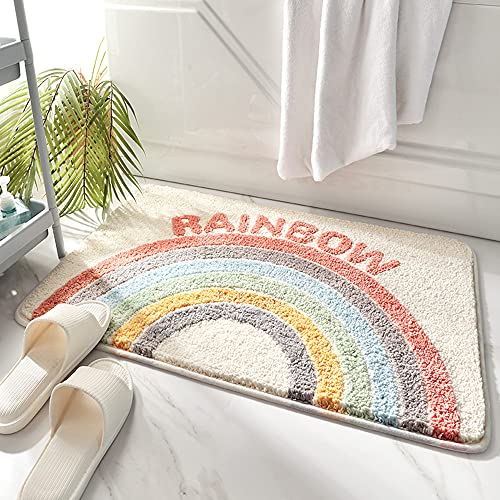 Rainbow Flocking Bath Mat, 32"x 20" | Water Absorbent, Non-Slip, Soft Microfiber, Cute Cartoon Doormat, For Tub Sink Shower Bath Room - size: 2'8" x 1'8" (Rectangular)