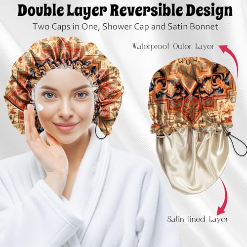 Luxury Shower Cap Satin Lined Reusable Waterproof Double Layer Elastic Adjustable Hair Bath Cap Cute Aesthetic Women Girls-Boho 2 - color: F20-Boho 2