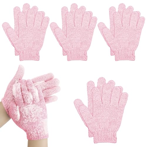 4 Pairs Bath Gloves, Body Scrub Mitts, Shower Scrubber Gloves for Shower Spa Massage & Body Scrub for Women Bath Spa Accessories (Pink, S)