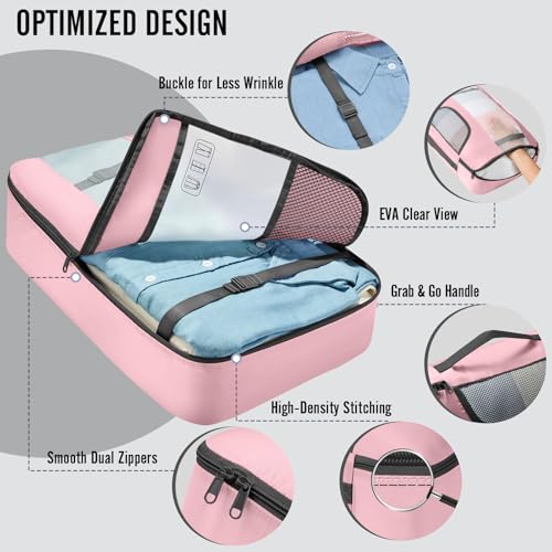 Veken 10 Set Packing Cubes for Travel Essentials,Anti-Wrinkle Buckled Suitcase Organizer for Shoe & Toiletry Bag,Carry On Luggage Bag with 99+ Count Mesh Holes for Airplane & College Dorm Accessories - color: 03 Pink