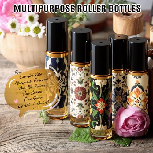 Roll On Bottles 14 Pack Glass Roller Bottles for Essential Oils 10ml Amber | Empty Rollerball Bottle Thick Glass with Oil Perfume Lip Gloss DIY Kits Boho Stickers, Leak-Proof Refillable for Travel Gift - color: Amber, size: 14 Pack