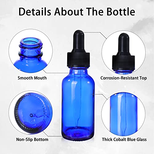 48 Pack 1oz Cobalt Blue Glass Bottles with Glass Eye Droppers for Essential Oils, Perfumes & Lab Chemicals (Brush, Funnels, 2 Extra Droppers, 54 Pieces Labels & 30ml Measuring Cup Included) - color: Cobalt Blue-48pack
