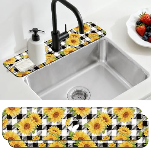 2 Pcs Kitchen Sink Splash Guard Faucet Mat Sunflower Plaid Pattern Faucet Mat for Sinks Plant Absorbing Drying Mats for Kitchen Bathroom, 23.6x5.5inch - color: Sunflower