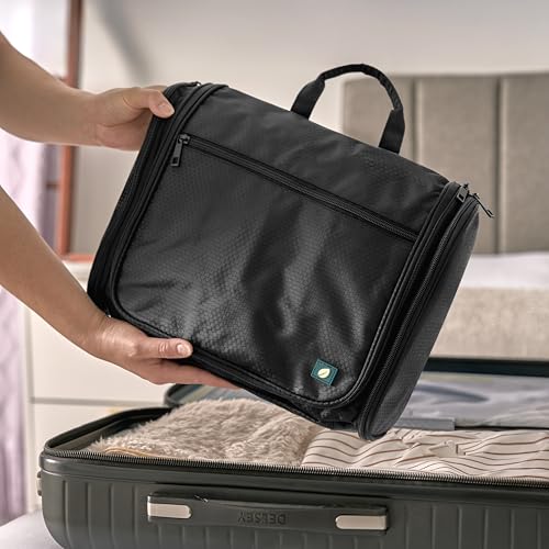 PAVILIA Large Hanging Toiletry Bag for Women Men, Travel Cosmetic Organizer with 10 Compartments, Swivel Hook and 3 Leakproof Pockets, Water Resistant Makeup Case, Packs Flat, Black - color: Black